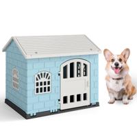 Hondenhok Kunststof Weerbestendig Hondenhuis met Afsluitbare Deur 3 Ramen & Schuin Dak voor Kleine Honden en Katten Blauw