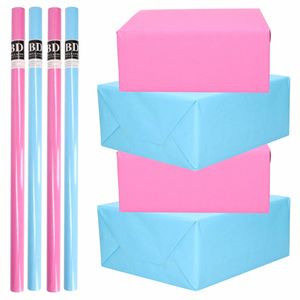 8x Rollen kraft inpakpapier pakket roze en blauw babyshower/geboorte/gender reveal 200 x 70 cm