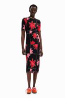 Geribde midi-jurk bloemen - RED - XL - thumbnail