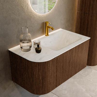 Badmeubel Mondiaz Kurve-Dlux | 85 cm | Meubelkleur Walnut | Wastafelkleur Opalo | Solid surface | Rechts spoelbak | 1 kraangat