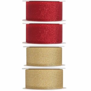 4x Hobby/decoratie rood en gouden sierlinten met glitters 3 cm/30 mm x 5 meter