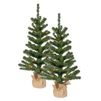 Bellatio Decorations Kunst kerstboom - 2x - H75 cm - met kerstverlichting - kleine kunstboom