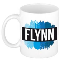 Naam cadeau mok / beker Flynn met blauwe verfstrepen 300 ml - thumbnail