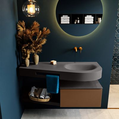 MONDIAZ RIVA 120cm badmeubel onderkast / planchet kleur Rust met 1 lade. Wastafel DULCET rechts 0 kraangaten kleur Dark_Grey.