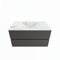 MONDIAZ VICA-DLUX 90cm badmeubel onderkast Dark grey 2 lades. Inbouw wastafel CLOUD midden zonder kraangat, kleur Frappe.