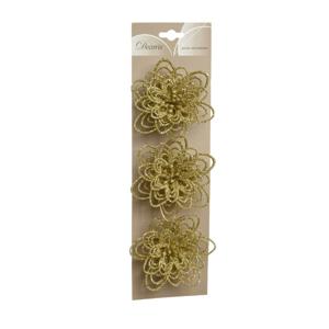 Decoratie bloemen - 3x - goud glitter - op clip - 11 cm