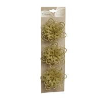 Decoratie bloemen - 3x - goud glitter - op clip - 11 cm - thumbnail