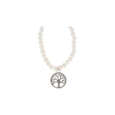 Edelstenen Kralenketting van witte Jade met een Rvs Levensboom-Hanger (45 cm)