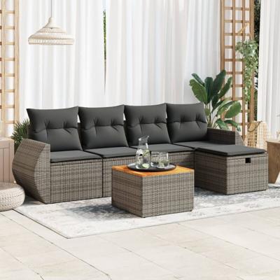 6-delige Loungeset met kussens poly rattan grijs