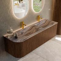 Badmeubel Mondiaz Kurve-Dlux | 145 cm | Meubelkleur Walnut | Wastafelkleur Sombra | Solid surface | Dubbel / Rechts spoelbak | 2 kraangaten