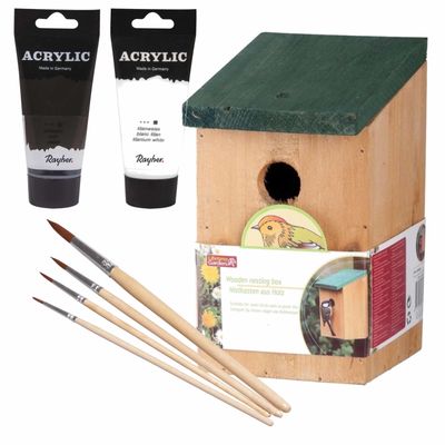 Houten vogelhuisje/nestkastje 22 cm - zwart/wit DHZ schilderen pakket