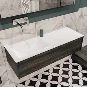 Mondiaz Lush Cloud badmeubel eiken donker bruin 120 cm 1 lade solid surface enkele spoelbak links zonder kraangat