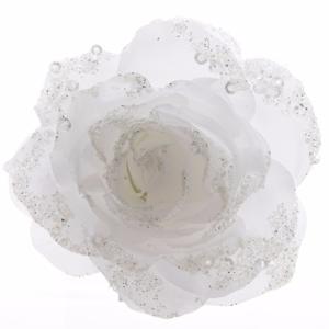 Kerst bloem - op clip - wit - glitter - D14 cm - kunststof - kerstversiering - kerstbloem