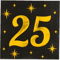 Verjaardag feest servetten - leeftijd 25 jaar - 16x stuks - zwart/goud - sterren - 33 x 33 cm