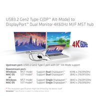 Club 3D USB 3.2 Gen2 type-C (DP Alt-Mode) naar DisplayPort Dual Monitor 4K60Hz M/F MST Hub displayport splitter - thumbnail