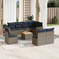 9-delige Loungeset met kussens poly rattan grijs