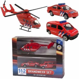 112 Brandweer Speelvoertuigen 3-delig- helikopter 16 cm en autos 7 cm