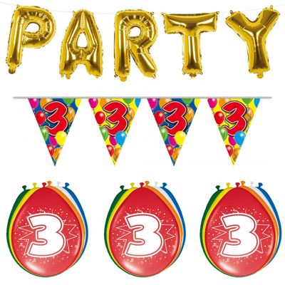 Verjaardag feestversiering 3 jaar PARTY letters en 16x ballonnen met 2x plastic vlaggetjes Verjaardag feestversiering 3 jaar PARTY letters en 16x ballonnen met 2x plastic vlaggetjes