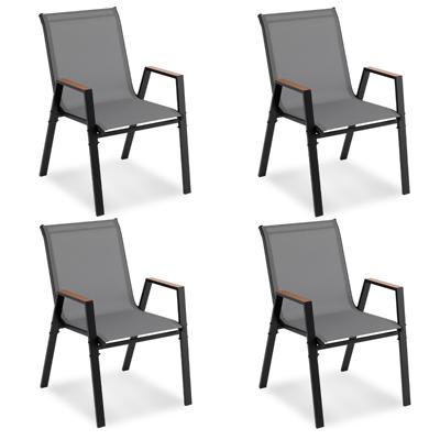 Tuinstoelen Set van 4 Stapelbare Stoelen met Hoge Rugleuning van Ademend Teslin-weefsel met Houten Armleuningen en Stabiel Metalen Onderstel