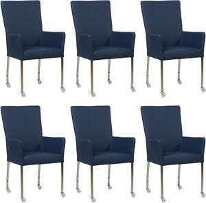 Set van 6 Blauwe leren moderne eetkamerstoelen Deal - met armleuning poot vierkant rvs met wiel - Toledo Leer Kobalt (blauw leer)