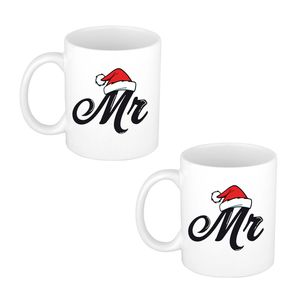 4x stuks Mr kerstmuts cadeau mok / beker wit voor heren 300 ml - Bekers