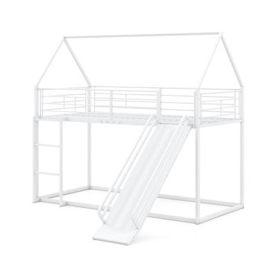 Huis-etagenbed met Glijbaan Laag Etagenbedframe met Veiligheidsreling & Ladder Hoogslaper 200 x 90 cm Wit