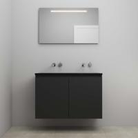 On-Line Badkamermeubelset - 100 cm - Bouwpakket - Greeploze Ladestructuur - Acryl Wastafel - zonder Kraangat - Spiegel met LED-Verlichting - Mat Zwart