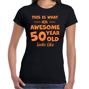 Verkleed T-shirt voor dames - leeftijd 50 jaar - awesome - zwart - glitter oranje - Sarah