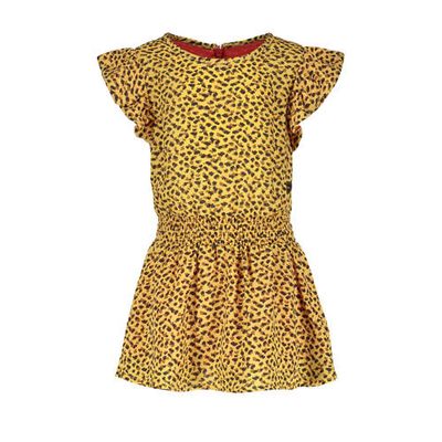 Like Flo jurk met dierenprint en ruches honinggeel/zwart Like Flo jurk met dierenprint en ruches honinggeel/zwart