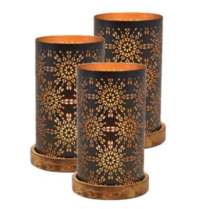 Windlicht/kaarsenhouder - Set van 3x stuks - zwart/goud - metaal - hout - 13 x 22 cm