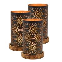 Windlicht/kaarsenhouder - Set van 3x stuks - zwart/goud - metaal - hout - 13 x 22 cm