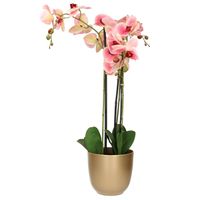 Orchidee kunstplant roze - 75 cm - inclusief bloempot goud glans - Kunstplanten - thumbnail