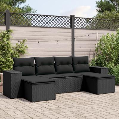 6-delige Loungeset met kussens poly rattan zwart