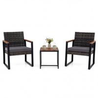 Balkonmeubelset Tuinmeubelset van PE-polyrotan met 2 Stoelen Bijzettafel en Zachte Kussens-Grijs