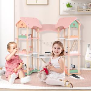 Houten Poppenhuis voor Kinderen van 3-8 jaar Poppenhuis met 7 Kamers en 3 Verdiepingen met 32 Realistische Meubelaccessoires