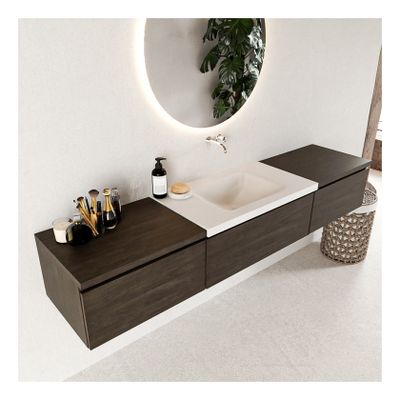 Mondiaz Bukla 200cm badmeubel met module 60 dark brown 3 lades met wastafel midden zonder kraangat kleur talc