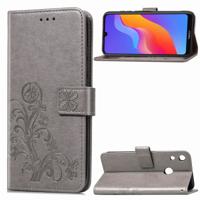 Lucky Clover ingedrukt bloemen patroon lederen draagtas voor Huawei Honor 8A met houder & kaartsleuven & portemonnee & hand strap (grijs)