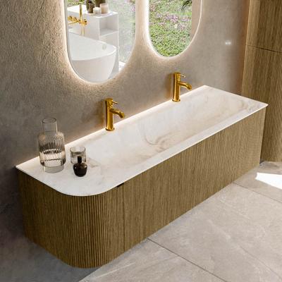 Badmeubel Mondiaz Kurve-Dlux | 145 cm cm | Meubelkleur Dusk | Wastafelkleur Frappe | Solid surface | Wasbak rechter zijde spoelbak | 2 kraangaten