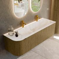 Badmeubel Mondiaz Kurve-Dlux | 145 cm cm | Meubelkleur Dusk | Wastafelkleur Frappe | Solid surface | Wasbak rechter zijde spoelbak | 2 kraangaten