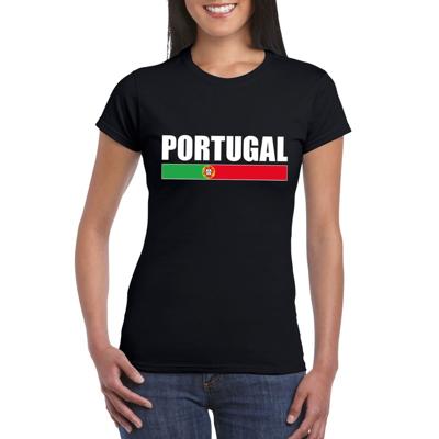 Portugal supporters kleding t-shirt - voor dames - zwart - met vlag kleuren print - korte mouwen