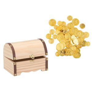 Houten piraten schatkist 15 x 10 cm met 100x plastic gouden piraten geld munten