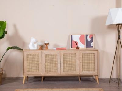 Dressoir GREY 4 deuren eik met rotan