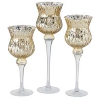Luxe glazen design kaarsenhouders/windlichten set van 3x stuks metallic goud 30-40 cm - thumbnail
