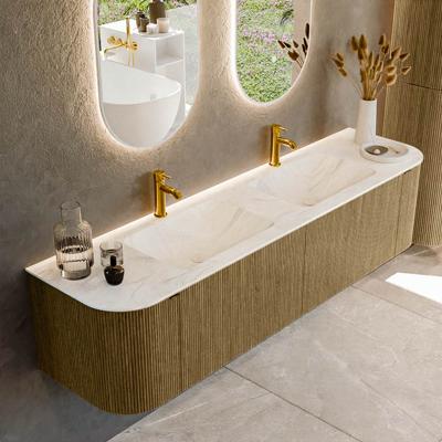 Badmeubel Mondiaz Kurve-Dlux | 180 cm cm | Meubelkleur Dusk | Wastafelkleur Ostra | Solid surface | Wasbak beiden zijden spoelbak | 2 kraangaten