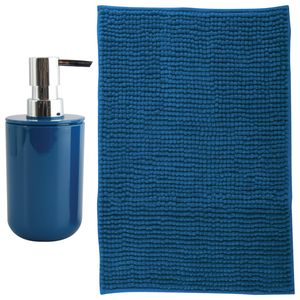 MSV badkamer droogloop mat - Milano - 40 x 60 cm - met bijpassende kleur zeeppompje - donkerblauw