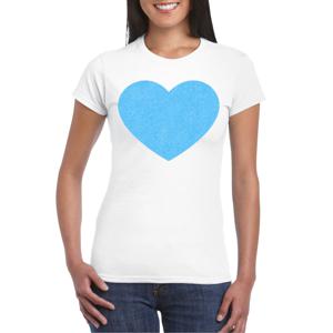 Verkleed T-shirt voor dames - hartje - wit - blauw glitter - carnaval/themafeest