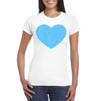 Verkleed T-shirt voor dames - hartje - wit - blauw glitter - carnaval/themafeest - thumbnail