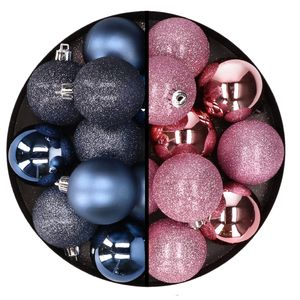 24x stuks kunststof kerstballen mix van donkerblauw en roze 6 cm