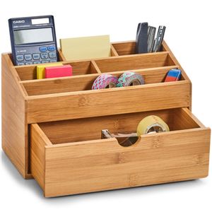 1x Pennenbakjes 6-vaks met lade bureau organizer bamboe hout 25 x 12 cm