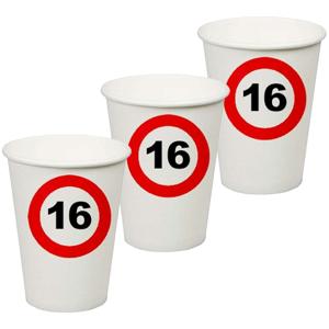 Verjaardagsfeest leeftijd bekertjes 16 jaar - 24x stuks - papier - thema leeftijd stopbord